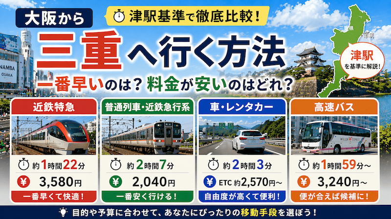 大阪から三重へ行く方法｜津駅まで一番早いのは？料金が安いのはどれ？